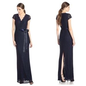 Adrianna Papell Navy Blue Lace Ribbon Belted V-Neck Maxi Gown Dress 4 II15